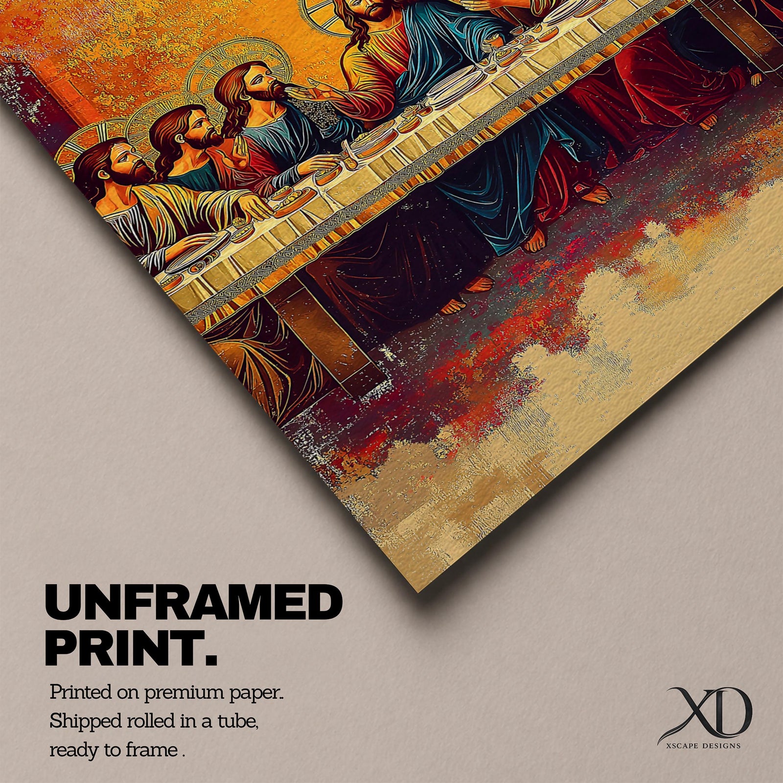 A vintage-style depiction of the Last Supper in Byzantine art form showing Jesus Christ and his twelve apostles seated at a long table with halos, rendered in rich colors and detailed iconographic style typical of Christian religious art.