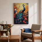 A vibrant impasto painting of a peacock perched on a branch surrounded by colorful flowers. The textured brush strokes highlight the intricate details of the peacock’s feathers and floral elements, creating a rich, tropical animal-themed composition with bold, layered colors.