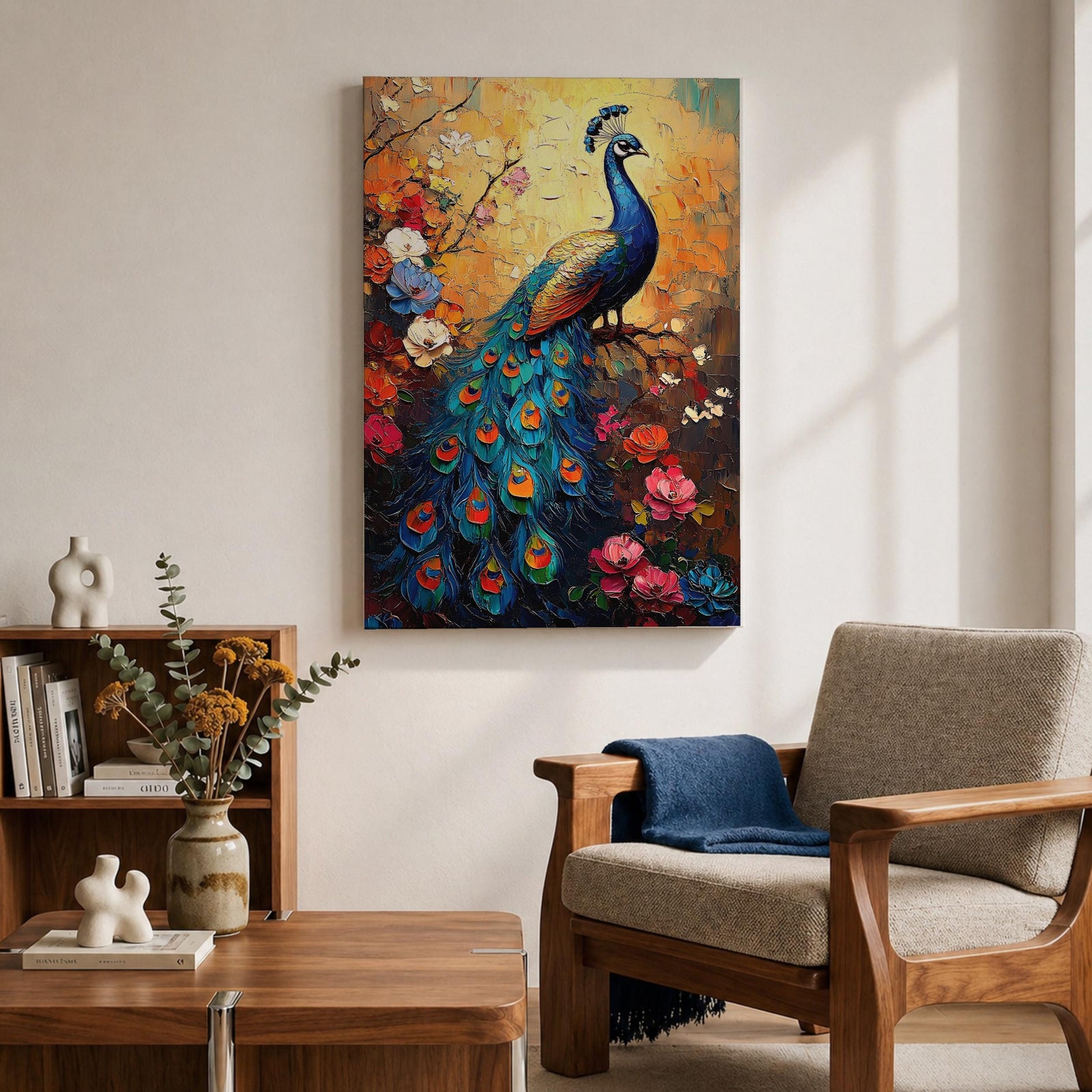 A vibrant impasto painting of a peacock perched on a branch surrounded by colorful flowers. The textured brush strokes highlight the intricate details of the peacock’s feathers and floral elements, creating a rich, tropical animal-themed composition with bold, layered colors.