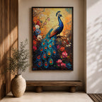 A vibrant impasto painting of a peacock perched on a branch surrounded by colorful flowers. The textured brush strokes highlight the intricate details of the peacock’s feathers and floral elements, creating a rich, tropical animal-themed composition with bold, layered colors.