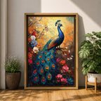 A vibrant impasto painting of a peacock perched on a branch surrounded by colorful flowers. The textured brush strokes highlight the intricate details of the peacock’s feathers and floral elements, creating a rich, tropical animal-themed composition with bold, layered colors.
