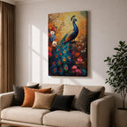 A vibrant impasto painting of a peacock perched on a branch surrounded by colorful flowers. The textured brush strokes highlight the intricate details of the peacock’s feathers and floral elements, creating a rich, tropical animal-themed composition with bold, layered colors.
