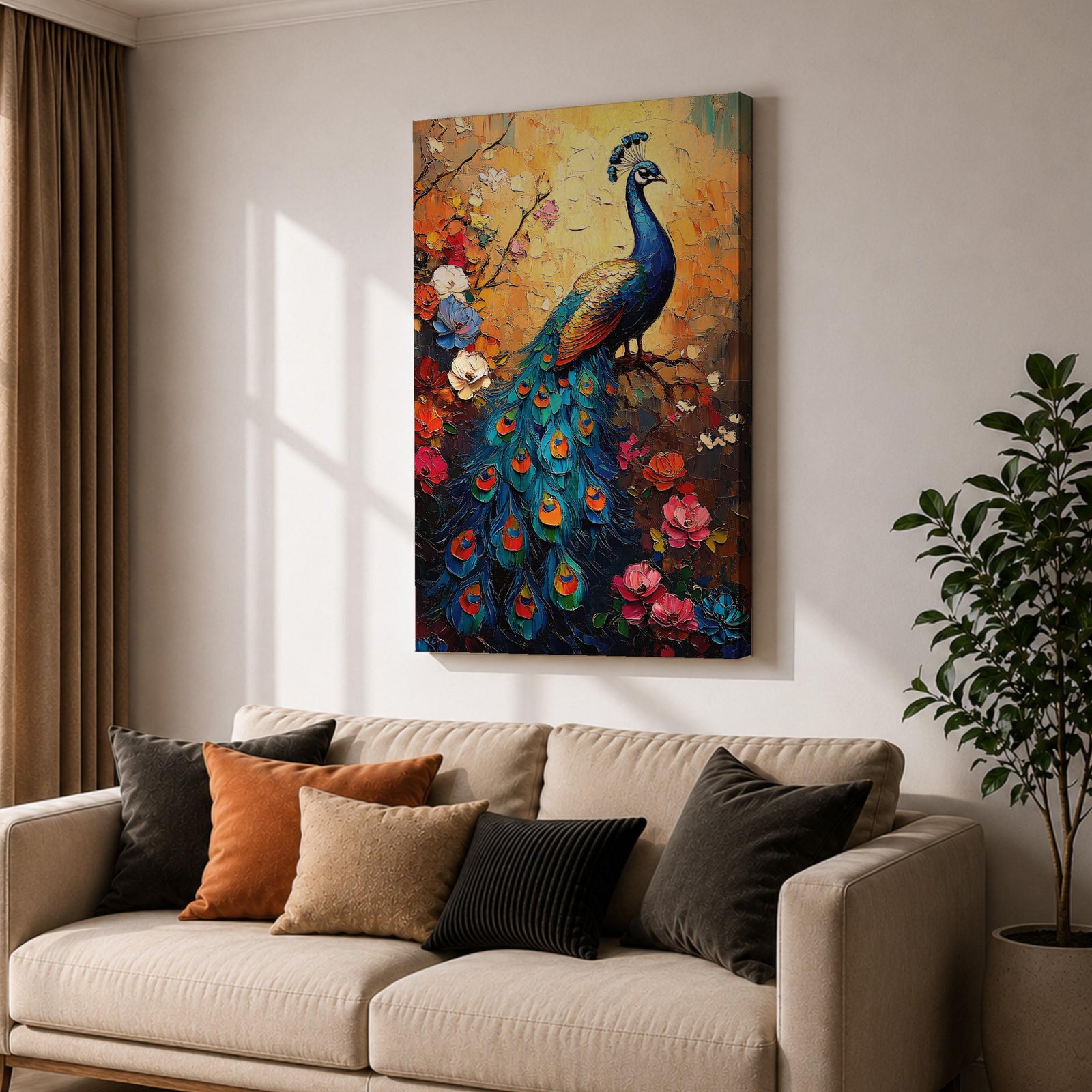 A vibrant impasto painting of a peacock perched on a branch surrounded by colorful flowers. The textured brush strokes highlight the intricate details of the peacock’s feathers and floral elements, creating a rich, tropical animal-themed composition with bold, layered colors.