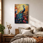 A vibrant impasto painting of a peacock perched on a branch surrounded by colorful flowers. The textured brush strokes highlight the intricate details of the peacock’s feathers and floral elements, creating a rich, tropical animal-themed composition with bold, layered colors.