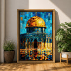 Colorful mosaic style artwork of the Dome of the Rock featuring the golden dome and blue tiled architecture rendered in geometric tile fragments against a bright sky.