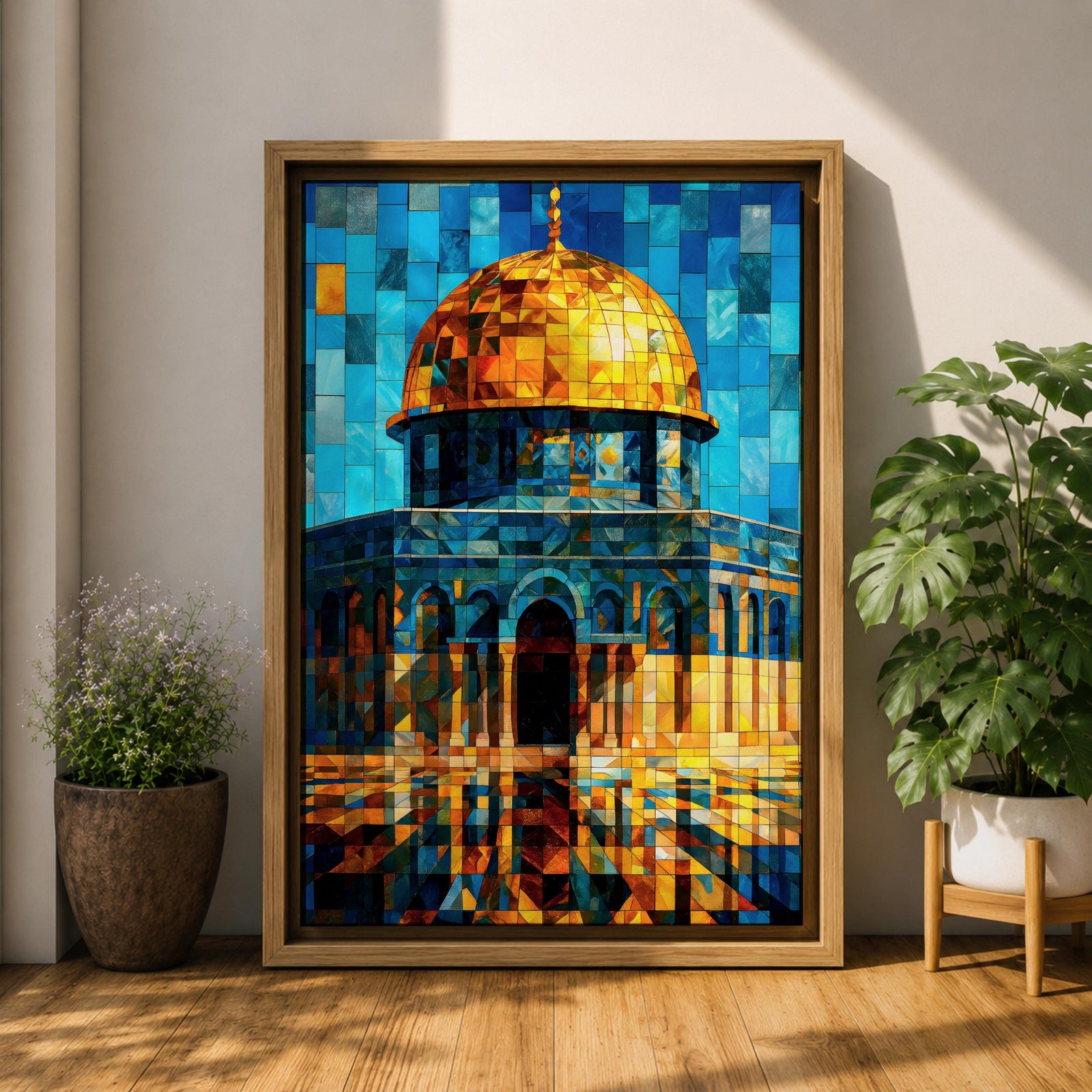Colorful mosaic style artwork of the Dome of the Rock featuring the golden dome and blue tiled architecture rendered in geometric tile fragments against a bright sky.