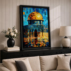Colorful mosaic style artwork of the Dome of the Rock featuring the golden dome and blue tiled architecture rendered in geometric tile fragments against a bright sky.