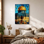 Colorful mosaic style artwork of the Dome of the Rock featuring the golden dome and blue tiled architecture rendered in geometric tile fragments against a bright sky.