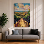 A vibrant impasto painting depicting a Tuscany vineyard with rows of grapevines stretching into rolling hills under a dynamic sky. The thick textured brushstrokes emphasize the lush greenery and ripe grapes, capturing the essence of Italian wine country in a colorful landscape composition.