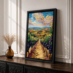 A vibrant impasto painting depicting a Tuscany vineyard with rows of grapevines stretching into rolling hills under a dynamic sky. The thick textured brushstrokes emphasize the lush greenery and ripe grapes, capturing the essence of Italian wine country in a colorful landscape composition.