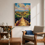A vibrant impasto painting depicting a Tuscany vineyard with rows of grapevines stretching into rolling hills under a dynamic sky. The thick textured brushstrokes emphasize the lush greenery and ripe grapes, capturing the essence of Italian wine country in a colorful landscape composition.
