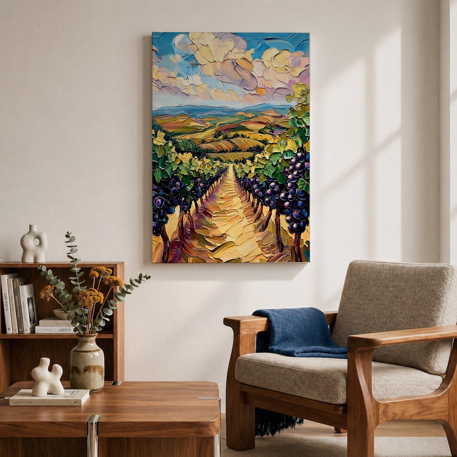 A vibrant impasto painting depicting a Tuscany vineyard with rows of grapevines stretching into rolling hills under a dynamic sky. The thick textured brushstrokes emphasize the lush greenery and ripe grapes, capturing the essence of Italian wine country in a colorful landscape composition.