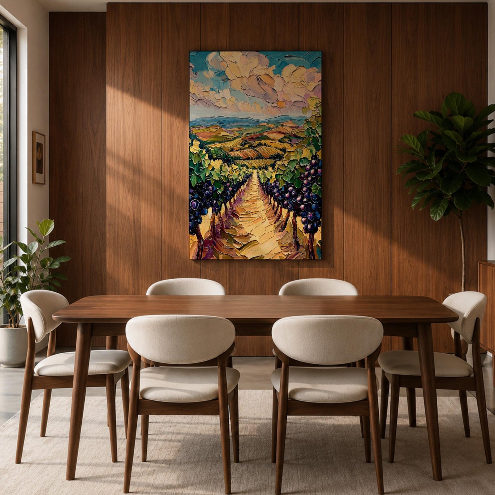A vibrant impasto painting depicting a Tuscany vineyard with rows of grapevines stretching into rolling hills under a dynamic sky. The thick textured brushstrokes emphasize the lush greenery and ripe grapes, capturing the essence of Italian wine country in a colorful landscape composition.