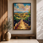 A vibrant impasto painting depicting a Tuscany vineyard with rows of grapevines stretching into rolling hills under a dynamic sky. The thick textured brushstrokes emphasize the lush greenery and ripe grapes, capturing the essence of Italian wine country in a colorful landscape composition.