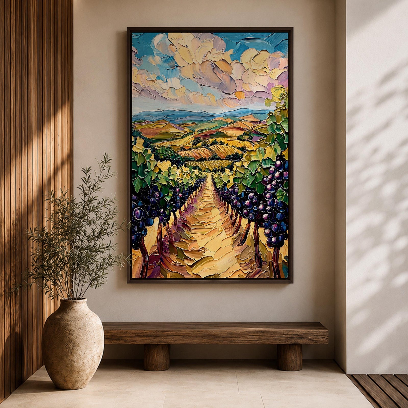 A vibrant impasto painting depicting a Tuscany vineyard with rows of grapevines stretching into rolling hills under a dynamic sky. The thick textured brushstrokes emphasize the lush greenery and ripe grapes, capturing the essence of Italian wine country in a colorful landscape composition.