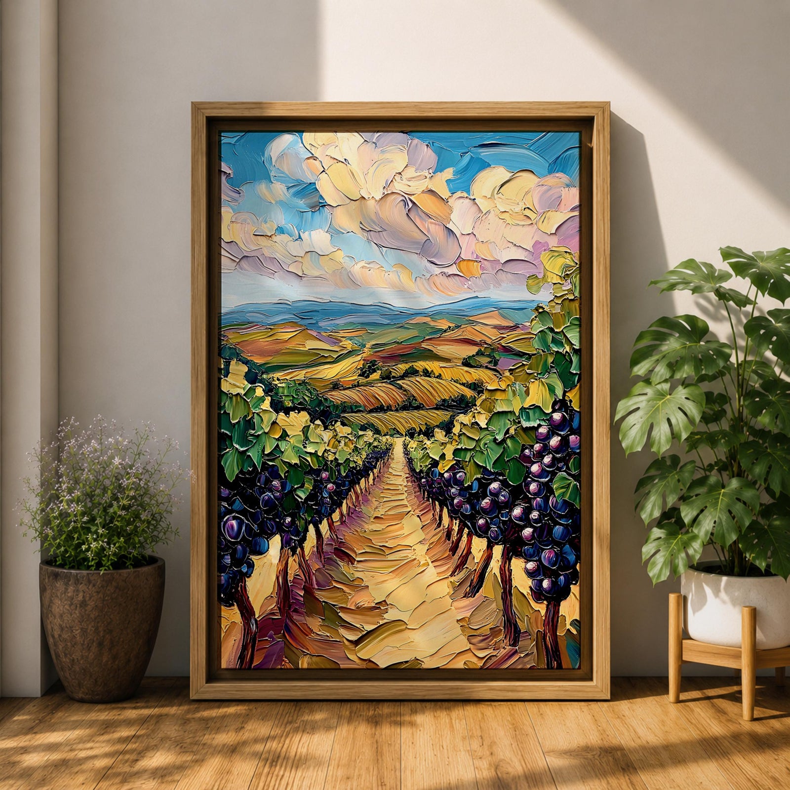 A vibrant impasto painting depicting a Tuscany vineyard with rows of grapevines stretching into rolling hills under a dynamic sky. The thick textured brushstrokes emphasize the lush greenery and ripe grapes, capturing the essence of Italian wine country in a colorful landscape composition.