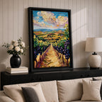A vibrant impasto painting depicting a Tuscany vineyard with rows of grapevines stretching into rolling hills under a dynamic sky. The thick textured brushstrokes emphasize the lush greenery and ripe grapes, capturing the essence of Italian wine country in a colorful landscape composition.
