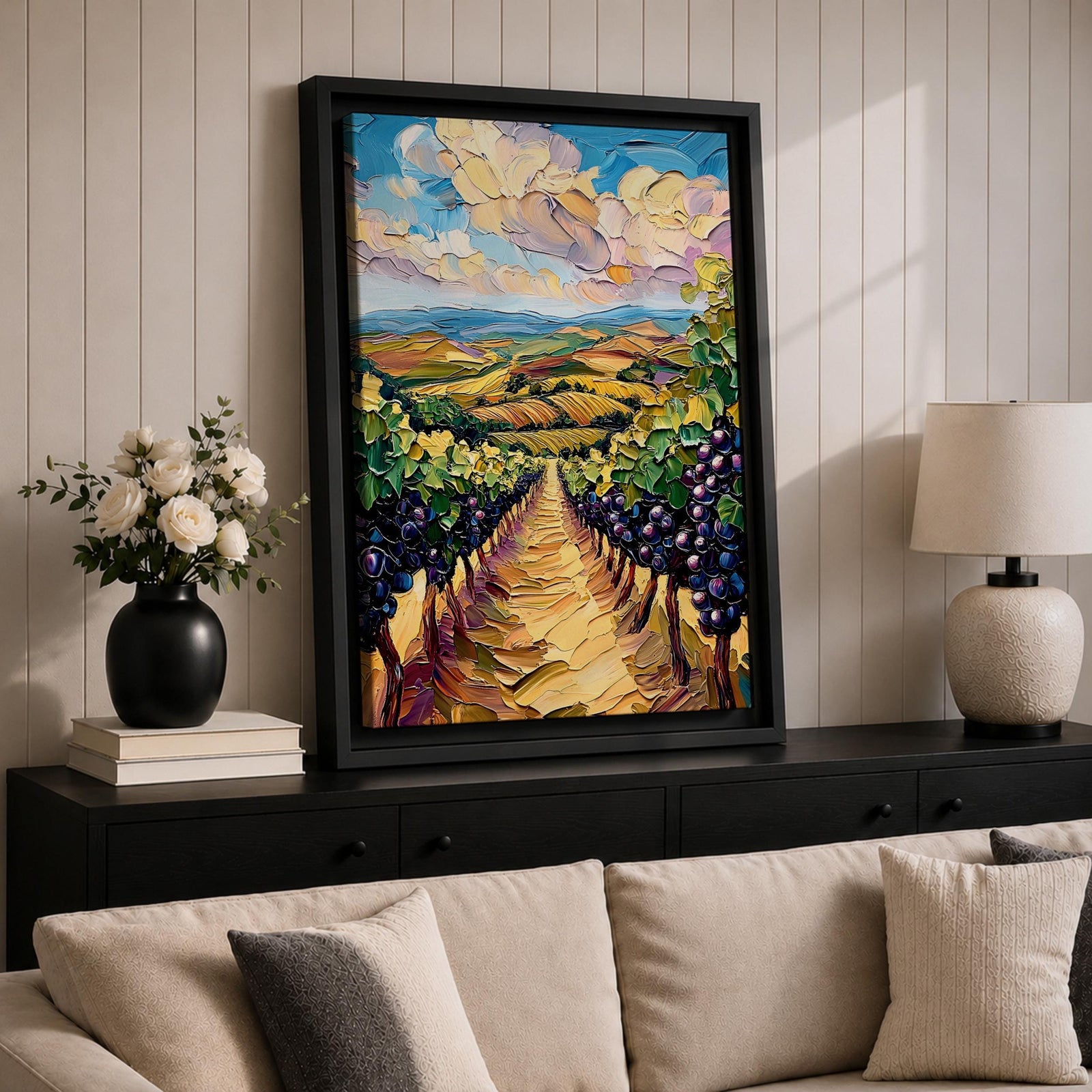 A vibrant impasto painting depicting a Tuscany vineyard with rows of grapevines stretching into rolling hills under a dynamic sky. The thick textured brushstrokes emphasize the lush greenery and ripe grapes, capturing the essence of Italian wine country in a colorful landscape composition.