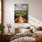 A vibrant impasto painting depicting a Tuscany vineyard with rows of grapevines stretching into rolling hills under a dynamic sky. The thick textured brushstrokes emphasize the lush greenery and ripe grapes, capturing the essence of Italian wine country in a colorful landscape composition.