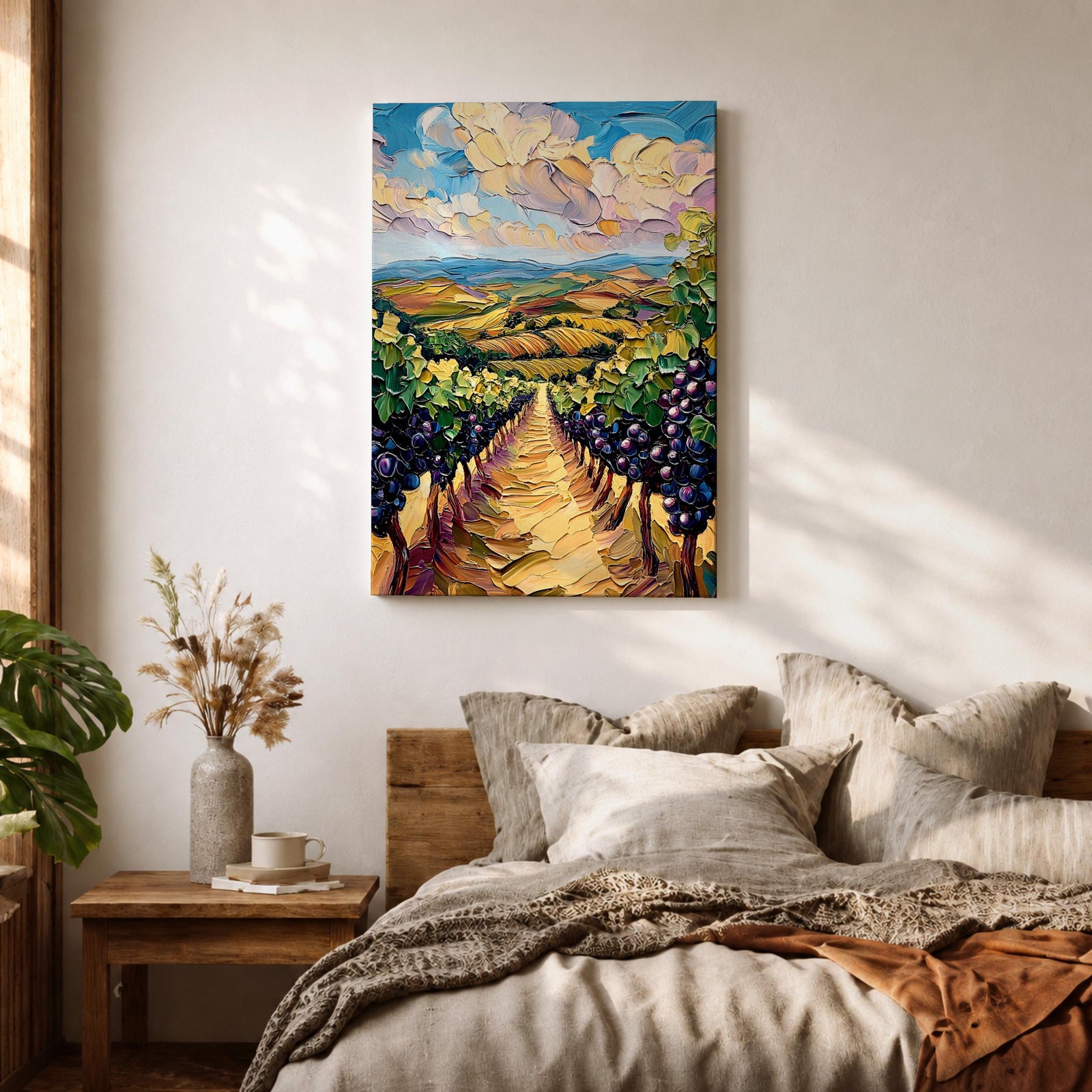 A vibrant impasto painting depicting a Tuscany vineyard with rows of grapevines stretching into rolling hills under a dynamic sky. The thick textured brushstrokes emphasize the lush greenery and ripe grapes, capturing the essence of Italian wine country in a colorful landscape composition.
