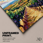 A vibrant impasto painting depicting a Tuscany vineyard with rows of grapevines stretching into rolling hills under a dynamic sky. The thick textured brushstrokes emphasize the lush greenery and ripe grapes, capturing the essence of Italian wine country in a colorful landscape composition.