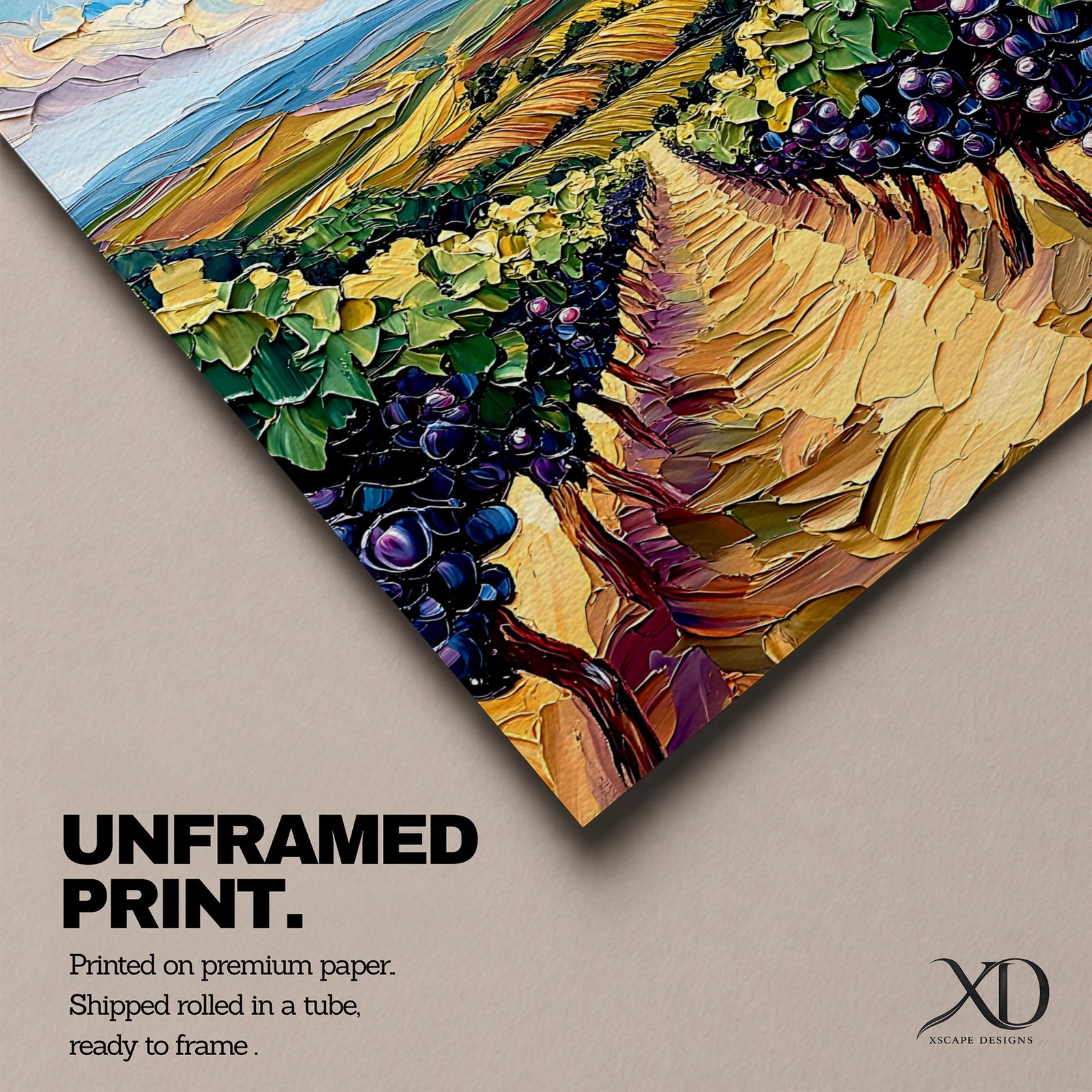 A vibrant impasto painting depicting a Tuscany vineyard with rows of grapevines stretching into rolling hills under a dynamic sky. The thick textured brushstrokes emphasize the lush greenery and ripe grapes, capturing the essence of Italian wine country in a colorful landscape composition.