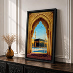 Artwork of the Kaaba in Mecca viewed through an ornate golden Islamic archway with mosque minarets and birds above the reflective courtyard of Masjid Haram.