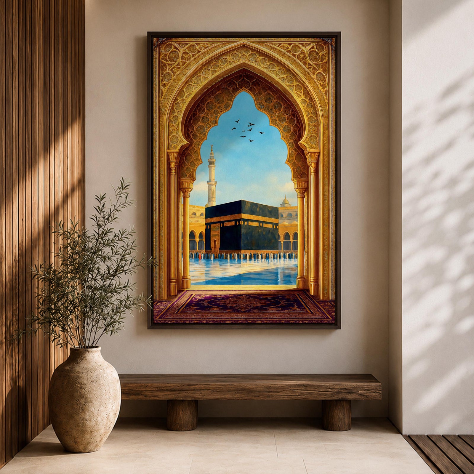 Artwork of the Kaaba in Mecca viewed through an ornate golden Islamic archway with mosque minarets and birds above the reflective courtyard of Masjid Haram.