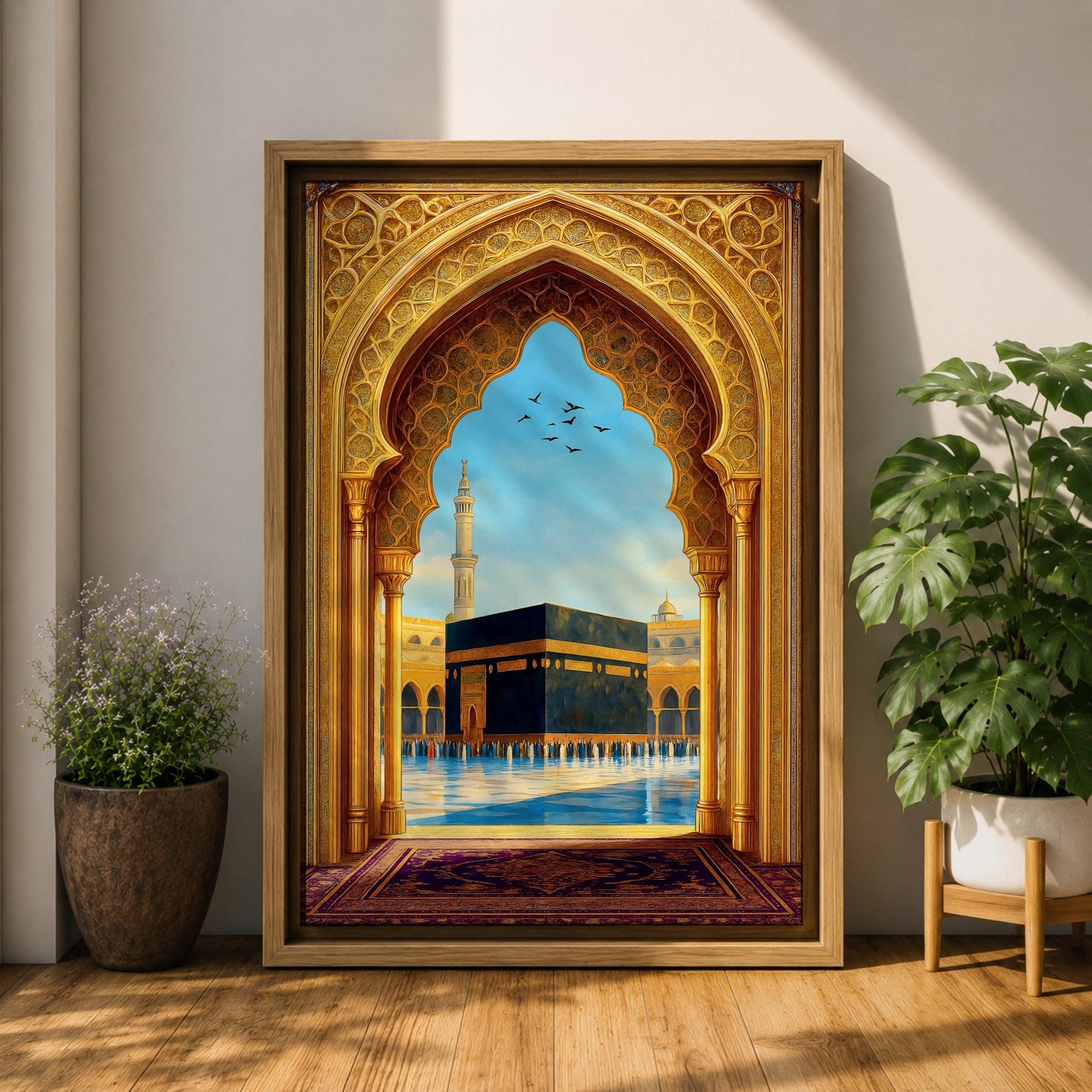 Artwork of the Kaaba in Mecca viewed through an ornate golden Islamic archway with mosque minarets and birds above the reflective courtyard of Masjid Haram.