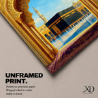 Artwork of the Kaaba in Mecca viewed through an ornate golden Islamic archway with mosque minarets and birds above the reflective courtyard of Masjid Haram.