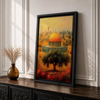 Vintage style artwork of the Dome of the Rock in Jerusalem with the golden dome rising above historic stone walls and a prominent olive tree in the foreground.