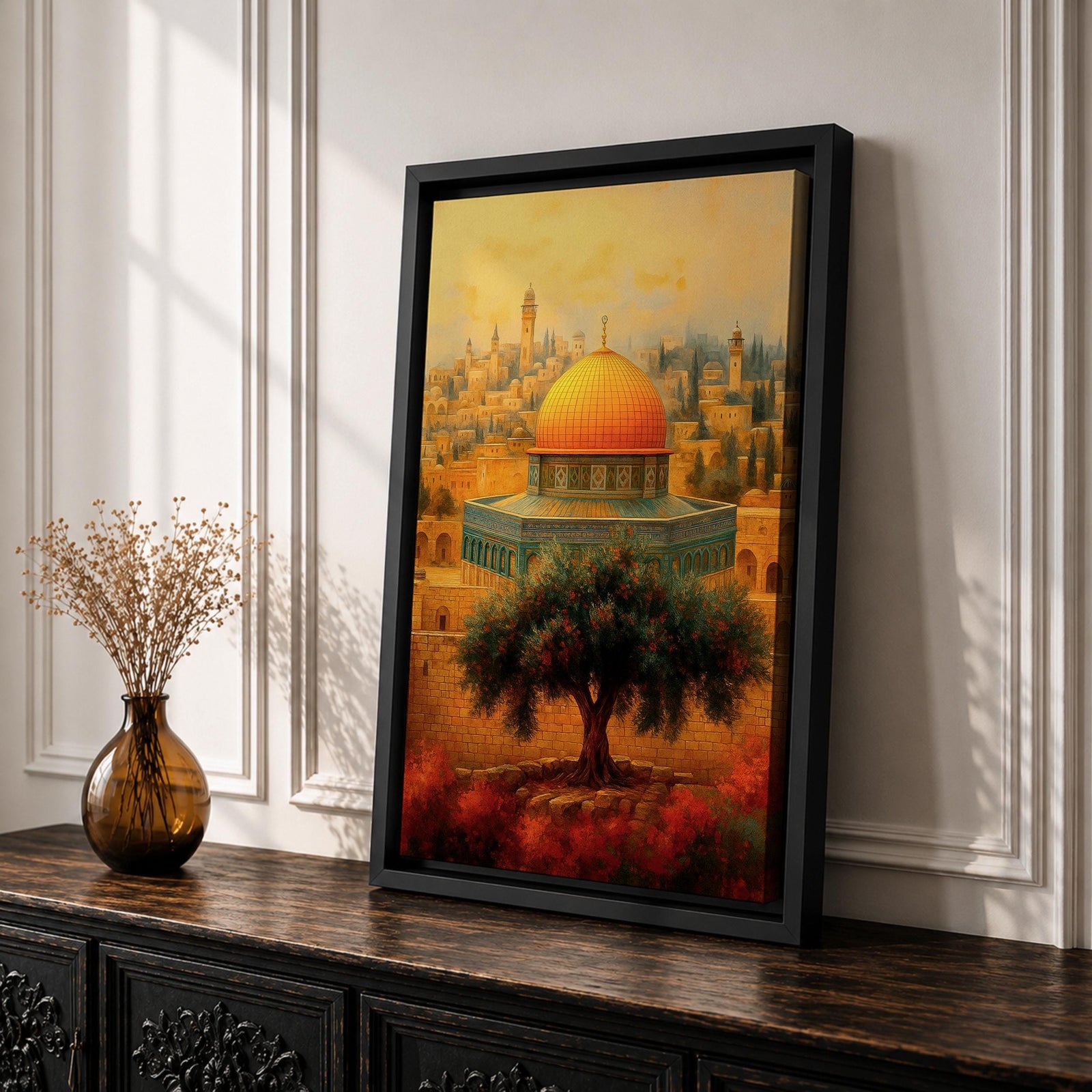 Vintage style artwork of the Dome of the Rock in Jerusalem with the golden dome rising above historic stone walls and a prominent olive tree in the foreground.