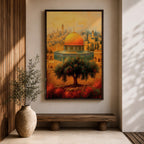 Vintage style artwork of the Dome of the Rock in Jerusalem with the golden dome rising above historic stone walls and a prominent olive tree in the foreground.