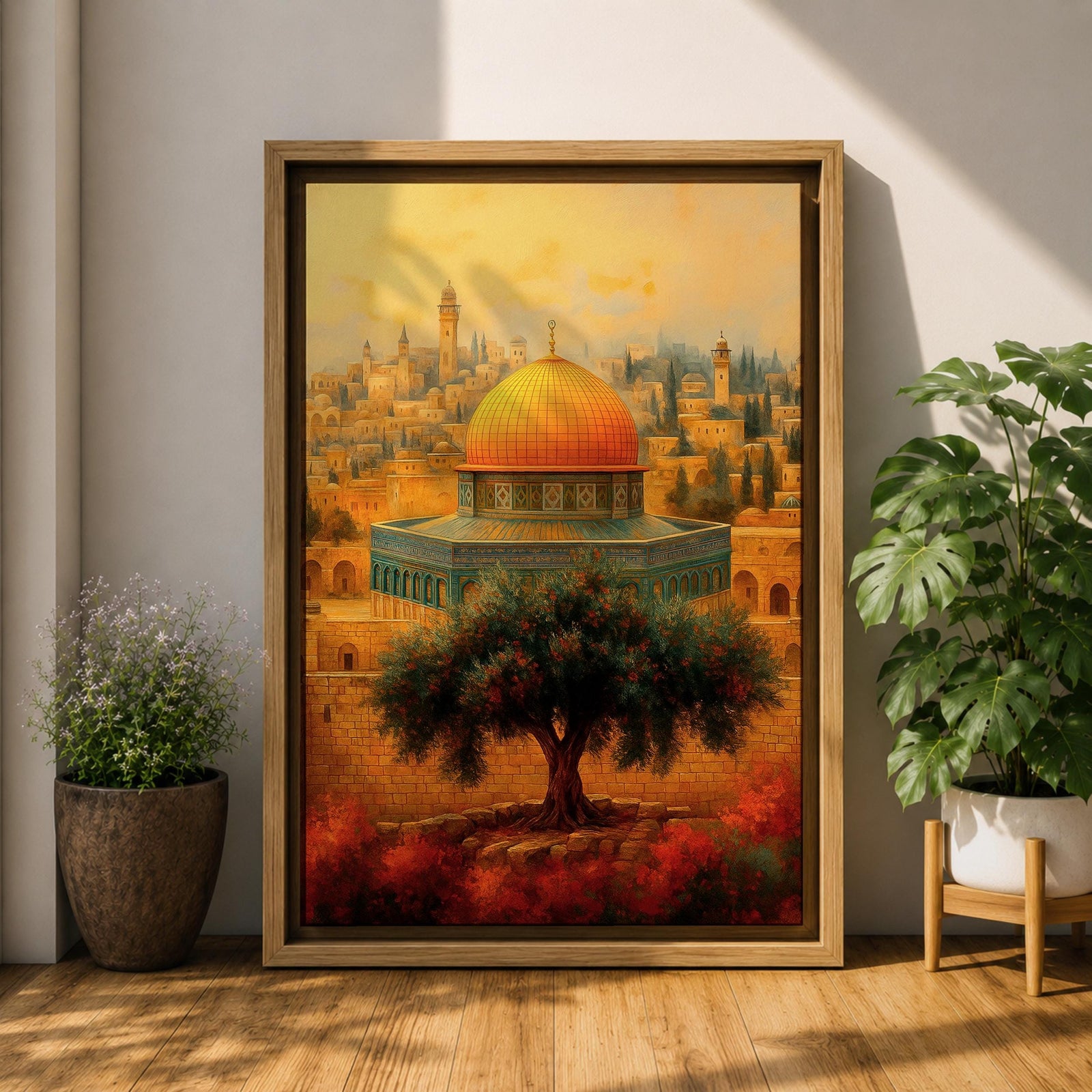 Vintage style artwork of the Dome of the Rock in Jerusalem with the golden dome rising above historic stone walls and a prominent olive tree in the foreground.