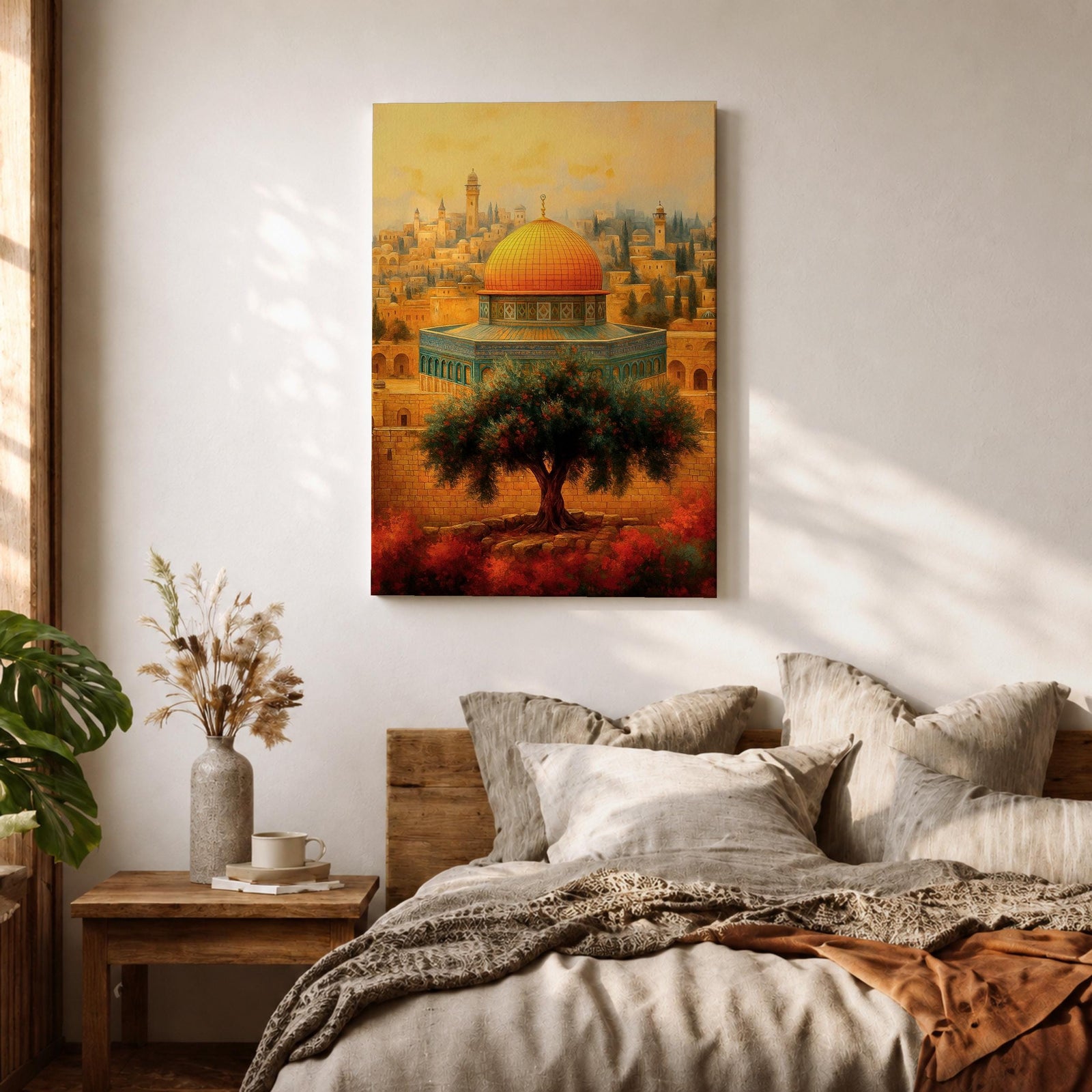Vintage style artwork of the Dome of the Rock in Jerusalem with the golden dome rising above historic stone walls and a prominent olive tree in the foreground.