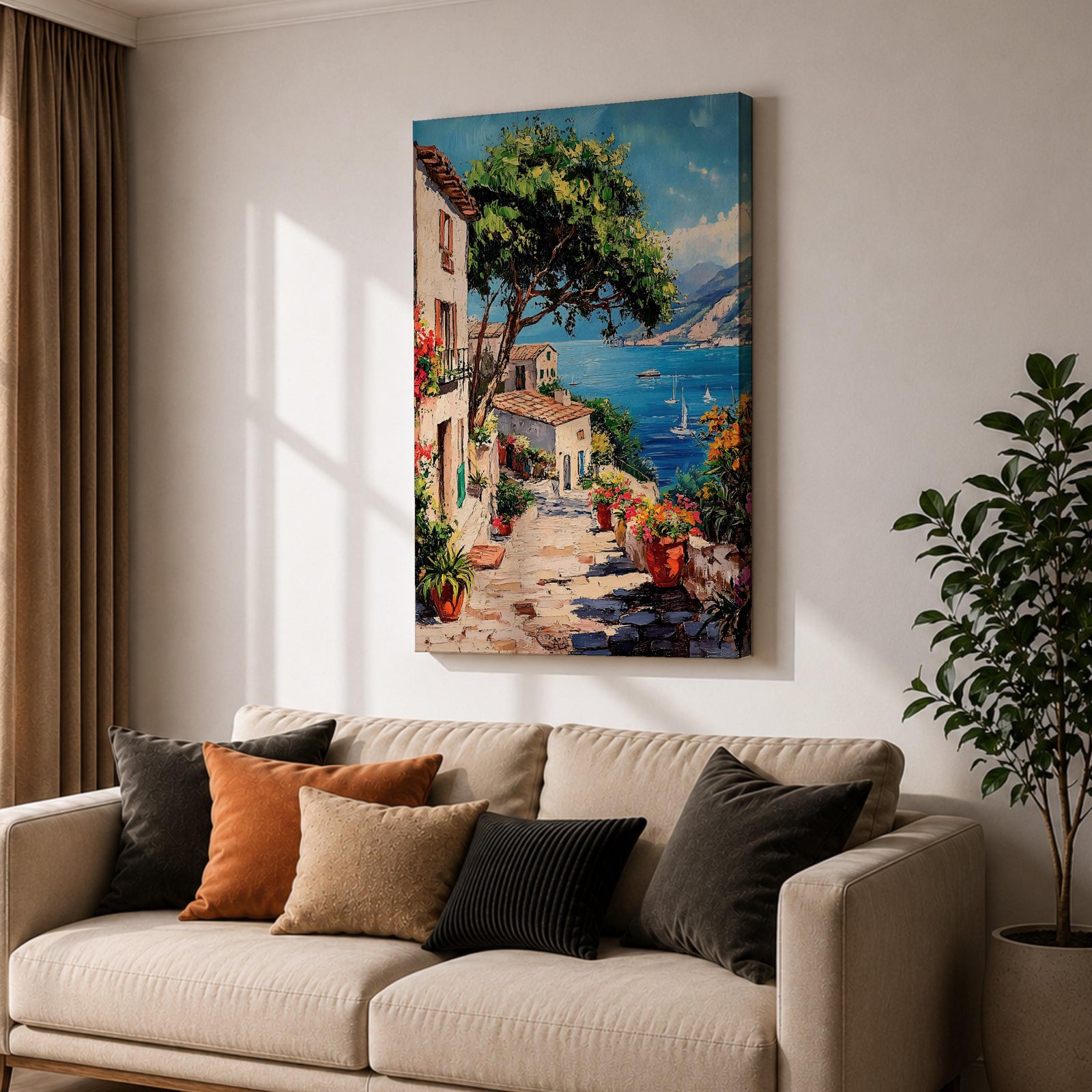 This artwork depicts a vibrant Italian village scene with terracotta-roofed houses, lush greenery, and colorful flowers lining a stone pathway that leads down to a bright blue Mediterranean sea with sailboats and distant mountains, rendered in a realistic style capturing coastal charm.