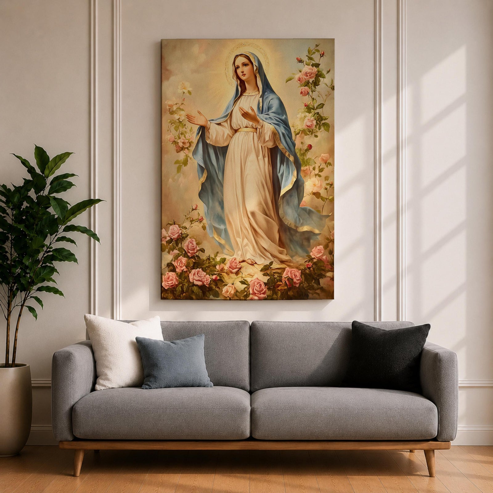 Vintage devotional painting of the Virgin Mary standing gracefully with open hands in a welcoming gesture, wearing a flowing cream robe and blue mantle while surrounded by blooming pink roses and a soft glowing halo above her head, rendered in a classical Madonna composition with delicate floral garden details.