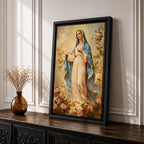 Vintage devotional painting of the Virgin Mary standing gracefully with open hands in a welcoming gesture, wearing a flowing cream robe and blue mantle while surrounded by blooming pink roses and a soft glowing halo above her head, rendered in a classical Madonna composition with delicate floral garden details.