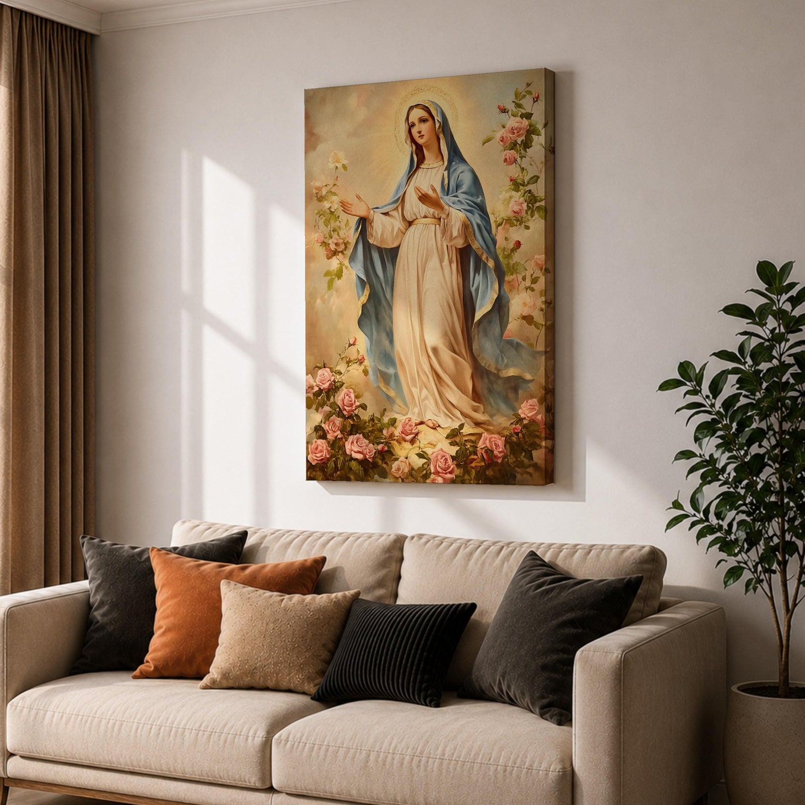 Vintage devotional painting of the Virgin Mary standing gracefully with open hands in a welcoming gesture, wearing a flowing cream robe and blue mantle while surrounded by blooming pink roses and a soft glowing halo above her head, rendered in a classical Madonna composition with delicate floral garden details.