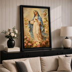 Vintage devotional painting of the Virgin Mary standing gracefully with open hands in a welcoming gesture, wearing a flowing cream robe and blue mantle while surrounded by blooming pink roses and a soft glowing halo above her head, rendered in a classical Madonna composition with delicate floral garden details.