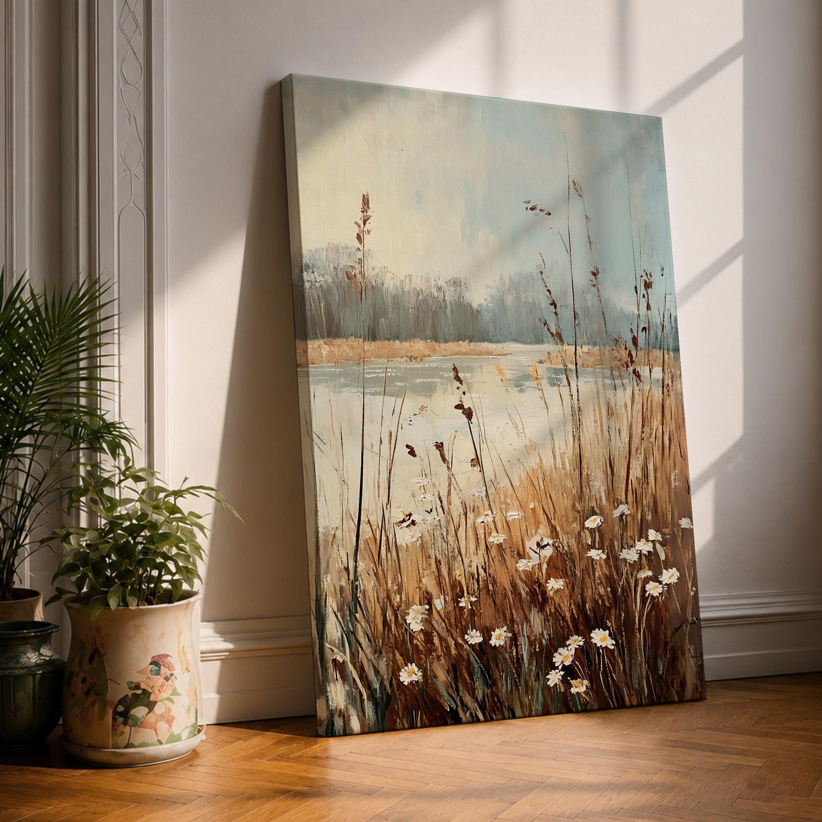 Daisies Meadow Wall Art Wildflower Field Lake Shore Nature Gift Living Room Home Decor