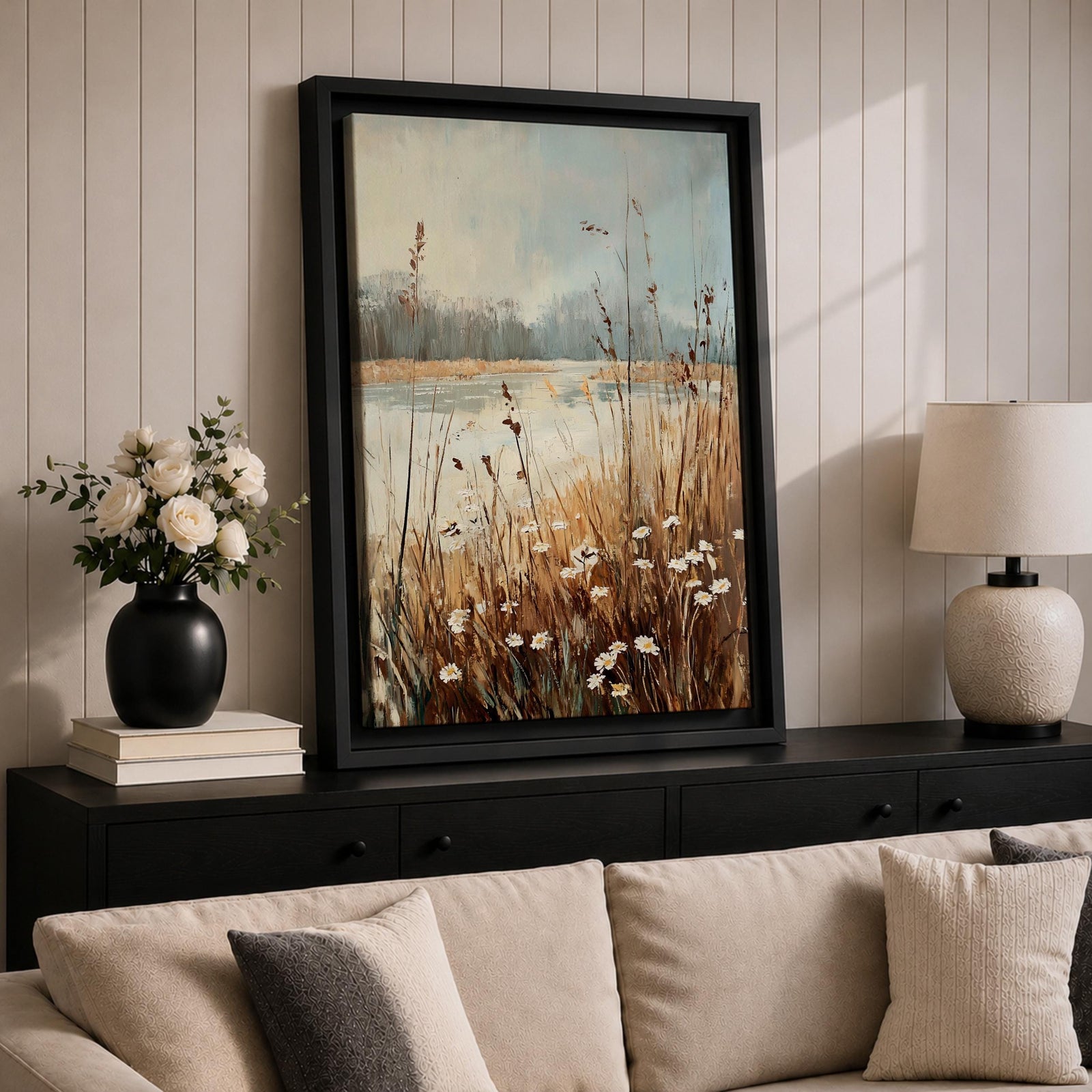 Daisies Meadow Wall Art Wildflower Field Lake Shore Nature Gift Living Room Home Decor