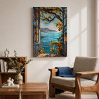 A framed canvas artwork depicting a Mediterranean balcony opening onto a vibrant coastal ocean view with sailboats on the water and leafy branches framing the scene. The style is realistic with bold, clear lines and vivid colors emphasizing the natural landscape and architectural elements.