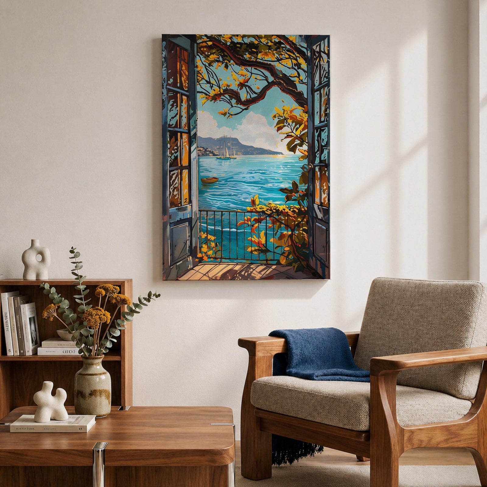 A framed canvas artwork depicting a Mediterranean balcony opening onto a vibrant coastal ocean view with sailboats on the water and leafy branches framing the scene. The style is realistic with bold, clear lines and vivid colors emphasizing the natural landscape and architectural elements.