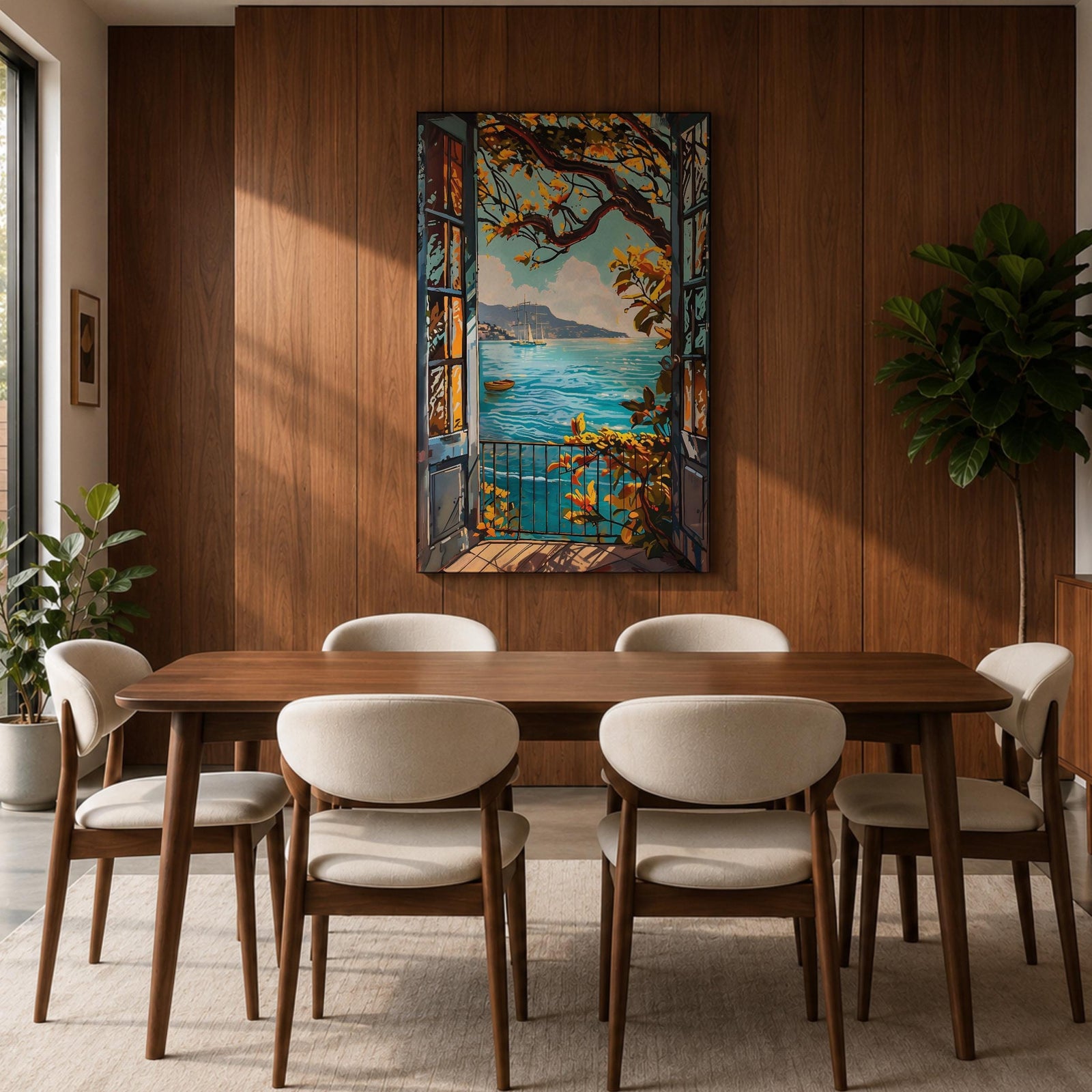 A framed canvas artwork depicting a Mediterranean balcony opening onto a vibrant coastal ocean view with sailboats on the water and leafy branches framing the scene. The style is realistic with bold, clear lines and vivid colors emphasizing the natural landscape and architectural elements.