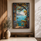 A framed canvas artwork depicting a Mediterranean balcony opening onto a vibrant coastal ocean view with sailboats on the water and leafy branches framing the scene. The style is realistic with bold, clear lines and vivid colors emphasizing the natural landscape and architectural elements.