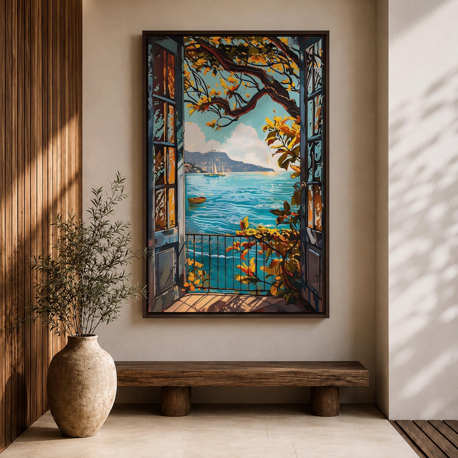 A framed canvas artwork depicting a Mediterranean balcony opening onto a vibrant coastal ocean view with sailboats on the water and leafy branches framing the scene. The style is realistic with bold, clear lines and vivid colors emphasizing the natural landscape and architectural elements.