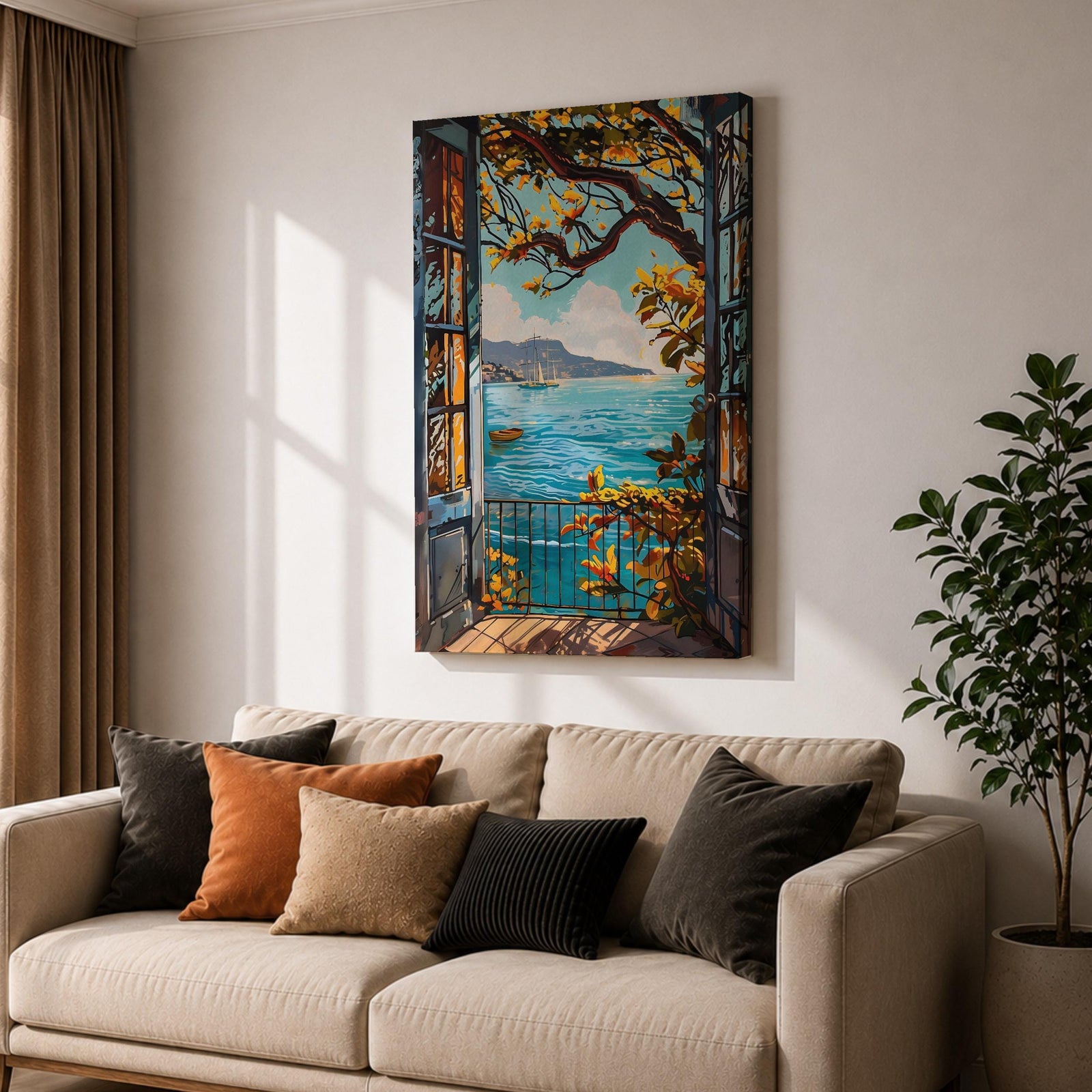 A framed canvas artwork depicting a Mediterranean balcony opening onto a vibrant coastal ocean view with sailboats on the water and leafy branches framing the scene. The style is realistic with bold, clear lines and vivid colors emphasizing the natural landscape and architectural elements.