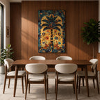 Colorful Islamic mosaic artwork of a palm tree surrounded by arabesque floral motifs and geometric tile patterns inspired by Andalusian design.