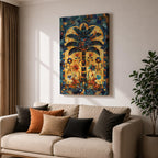 Colorful Islamic mosaic artwork of a palm tree surrounded by arabesque floral motifs and geometric tile patterns inspired by Andalusian design.